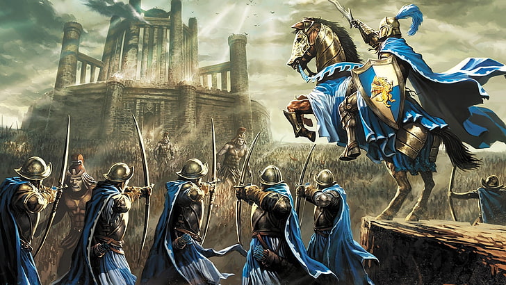 馬に乗った青と白の騎士の壁紙、アートワーク、ファンタジーアート、英雄の力と魔法、英雄の力と魔法III、ビデオゲーム、馬、戦争、射手、騎士、 HDデスクトップの壁紙