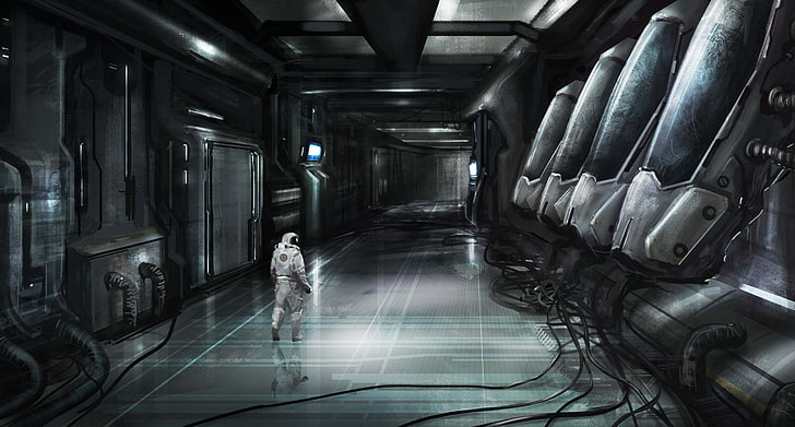 fondo de pantalla del juego, futurista, obra de arte, arte digital, traje espacial, cables, Fondo de pantalla HD