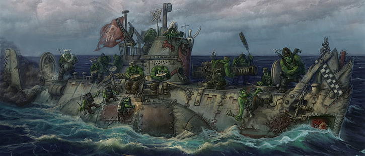 пиратский корабль обои, подводная лодка, Warhammer 40000, warhammer, орк, подводная лодка орков, HD обои HD wallpaper