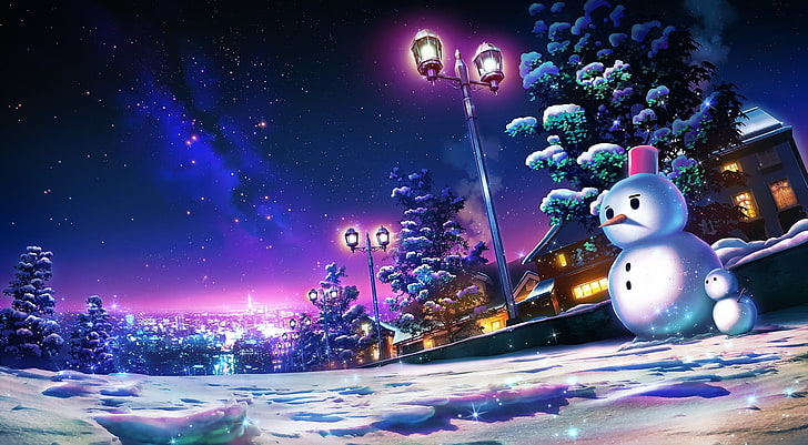 аниме пейзаж, снежен човек, градски пейзаж, нощ, живописен, къщи, аниме, HD тапет