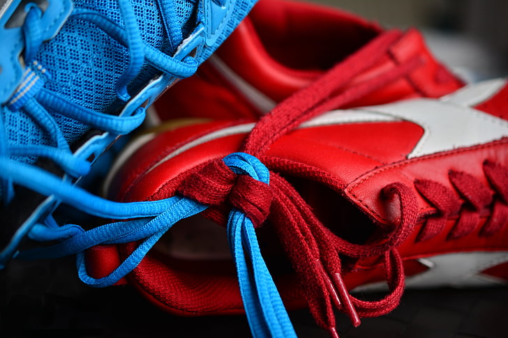 red and blue lace-up shoes, sneakers, shoelaces, sports, HD wallpaper