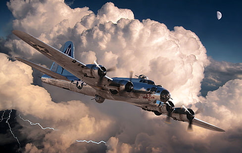 серый истребитель, рисунок, арт, самолет, американец, B-17G, WW2, бомбардировщик, 'Г.И.Дева II ', HD обои HD wallpaper