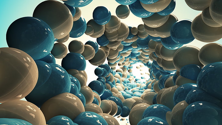 papier peint boules bleues et beiges, art numérique, sphère, boule, 3D, réflexion, spirale, CGI, rendu, résumé, illustration, Fond d'écran HD
