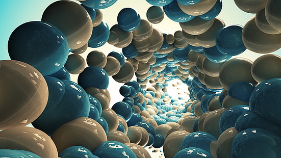 синьо-бежови топки тапет, дигитално изкуство, сфера, топка, 3D, отражение, спирала, CGI, визуализация, абстрактно, произведение на изкуството, HD тапет HD wallpaper