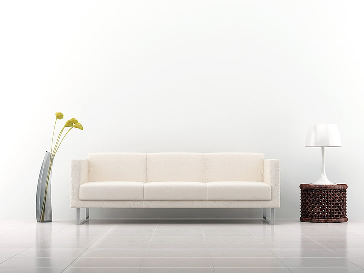 canapé 3 places blanc, canapé, décoration, intérieur, vase, lampe, fond blanc, Fond d'écran HD