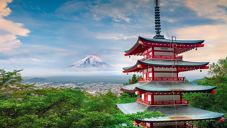 гора, Фудзиёсида, Аракура, Азия, Япония, гора Фудзи, с видом на горы, горы Яманаси, исторический, пагода Чурейто, японская архитектура, туризм, туристическая достопримечательность, гора пагода, небо, ориентир, природа, HD обои