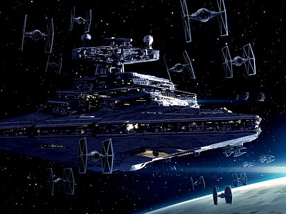 черен космически кораб, Star Wars, Star Destroyer, TIE Fighter, TIE Interceptor, space, HD тапет HD wallpaper