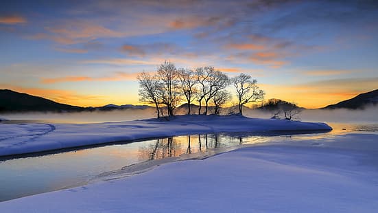 zima, zachód słońca, na zewnątrz, krajobraz, natura, światło słoneczne, zimno, lód, woda, śnieg, Tapety HD HD wallpaper