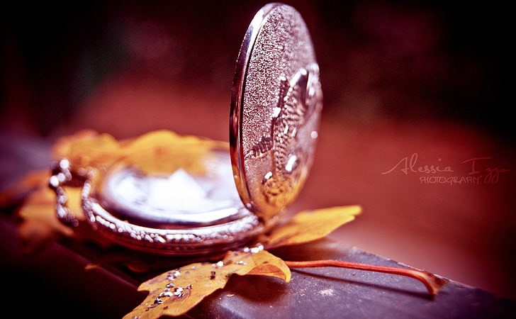 Autumnal Time, silver-colored pocket watch, Vintage, Autumn, Leaf, Time, Clock, hand clock, HD wallpaper