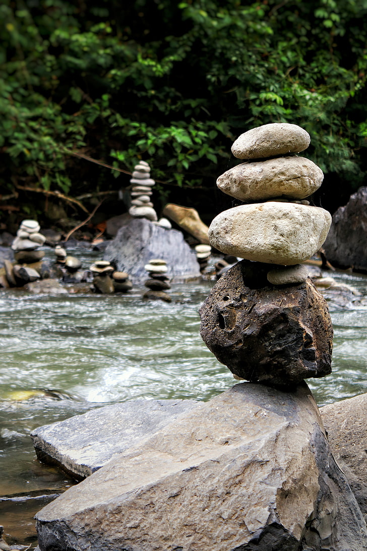 природа, река, скалы, камень, Равновесие, дзен, HD обои, телефон обои