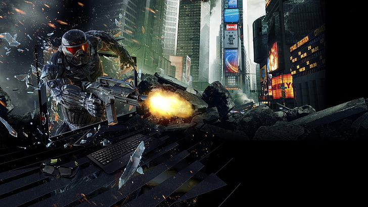 person in black and grey armor firing gun in New York Time Square digital wallpaper, Crysis 2, video games, computer, HD wallpaper