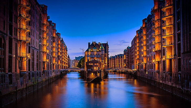unesco world heritage, hamburg, canals, europe, germany, buildings, architecture, city, speicherstadt, canal, warehouse, HD wallpaper