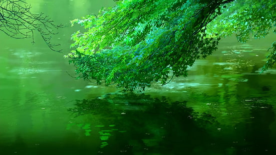 alberi verdi, piante a foglia verde sul corpo idrico, fantasy art, The Garden of Words, foglie, lago, acqua, ramo, opere d'arte, Sfondo HD HD wallpaper