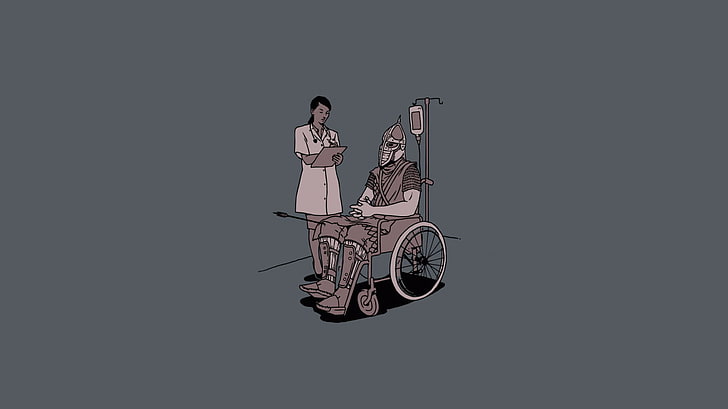 faca na ilustração de cadeira de rodas, homem sentado na ilustração de cadeira de rodas, The Elder Scrolls V: Skyrim, humor, minimalismo, The Elder Scrolls, flechas, videogames, HD papel de parede