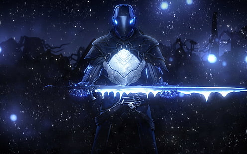 робот держит меч цифровые обои, фэнтези арт, воин, меч, лед, видеоигры, HD обои HD wallpaper