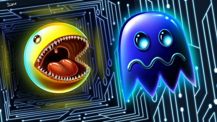 Pac-Man 3D тапети, цифрово изкуство, произведения на изкуството, Pac-Man, видео игри, ретро игри, призрак, зъби, 3D, езици, фен изкуство, светещи, HD тапет