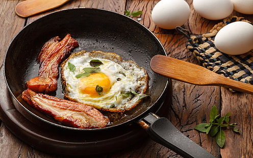 black metal skillet, food, eggs, bacon, HD wallpaper HD wallpaper