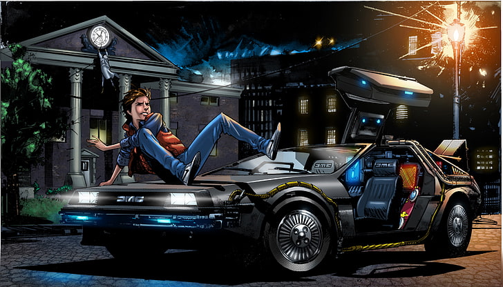 человек на черном купе, иллюстрация, автомобиль, DeLorean DMC-12, арт, Назад в будущее, Марти МакФлай, HD обои