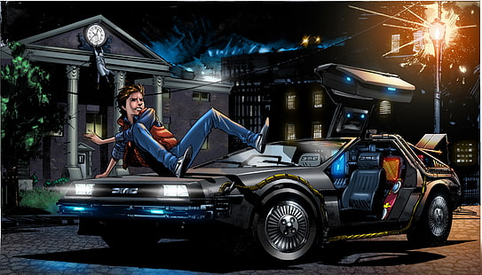 man on black coupe illustration, car, DeLorean DMC-12, art, Back to the Future, Marty McFly, HD wallpaper HD wallpaper