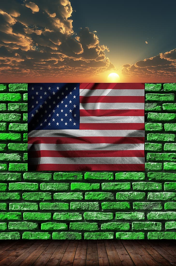 Barras y estrellas, bandera estadounidense, Estados Unidos, ladrillos, puesta de sol, nubes, arte digital, sombra, pared, Fondo de pantalla HD, fondo de pantalla de teléfono