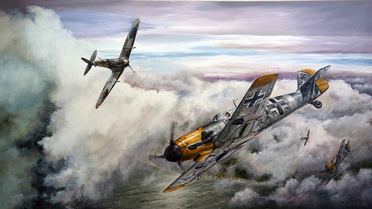 2機の戦闘機の絵画、メッサーシュミット、メッサーシュミットBf-109、第二次世界大戦、ドイツ、軍用機、空軍、 HDデスクトップの壁紙