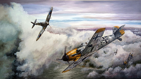 2機の戦闘機の絵画、メッサーシュミット、メッサーシュミットBf-109、第二次世界大戦、ドイツ、軍用機、空軍、 HDデスクトップの壁紙 HD wallpaper