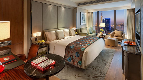 white mattress beside brown textile, bed, room, interior, bedroom, city, HD wallpaper HD wallpaper