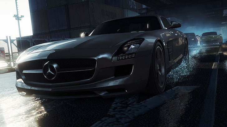 silver Mercedes-Benz car, race, lights, Mercedes-Benz, AMG, SLS, expensive, need for speed most wanted 2012, HD wallpaper