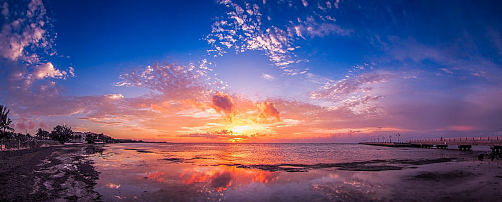 panoramas, beach, bridge, Florida, sea, clouds, reflection, nature, landscape, yellow, blue, HD wallpaper
