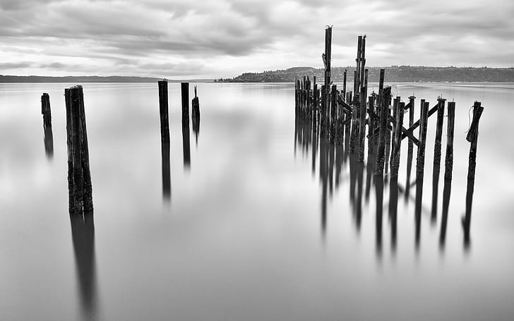 gray sticks on body of water, Stick Together, gray, sticks, body of water, long exposure, black and white, tacoma, reflection, monochrome, Pacific Northwest, Canon EOS 5D Mark III, Canon EF, 70mm, f/2, USM, B+W, ND, 1000x, dickman, mill park, nature, lake, water, sunset, outdoors, sky, HD wallpaper