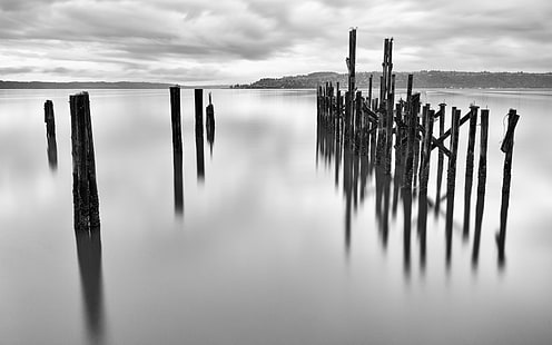 gray sticks on body of water, Stick Together, gray, sticks, body of water, long exposure, black and white, tacoma, reflection, monochrome, Pacific Northwest, Canon EOS 5D Mark III, Canon EF, 70mm, f/2, USM, B+W, ND, 1000x, dickman, mill park, nature, lake, water, sunset, outdoors, sky, HD wallpaper HD wallpaper