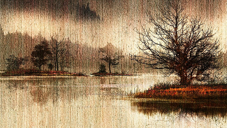 Есенно отражение, отражение, езеро, есен, дървета, артистично, отразява, река, облаци, есен, 3d и абстрактно, HD тапет