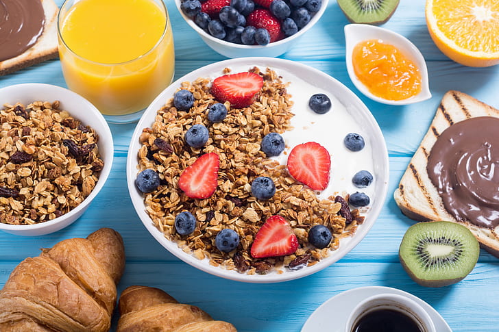 berries, coffee, food, Breakfast, juice, yogurt, orange, granola, HD wallpaper