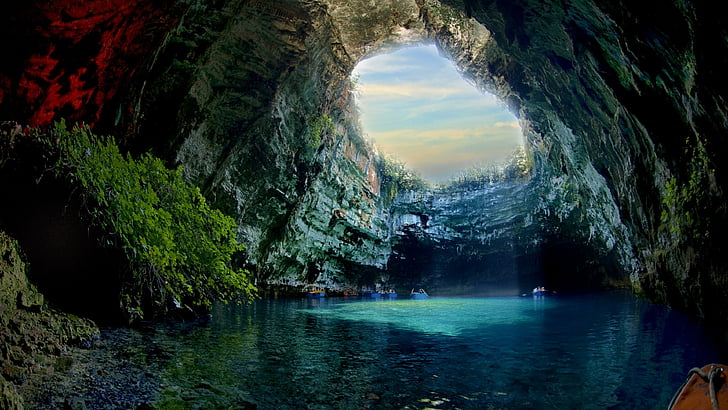 nature, water, formation, cave, sea cave, watercourse, rock, sky, underground lake, landscape, karst, kefalonia, HD wallpaper