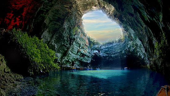природа, вода, формирование, пещера, морская пещера, водоток, скала, небо, подземное озеро, пейзаж, карст, кефалония, HD обои HD wallpaper