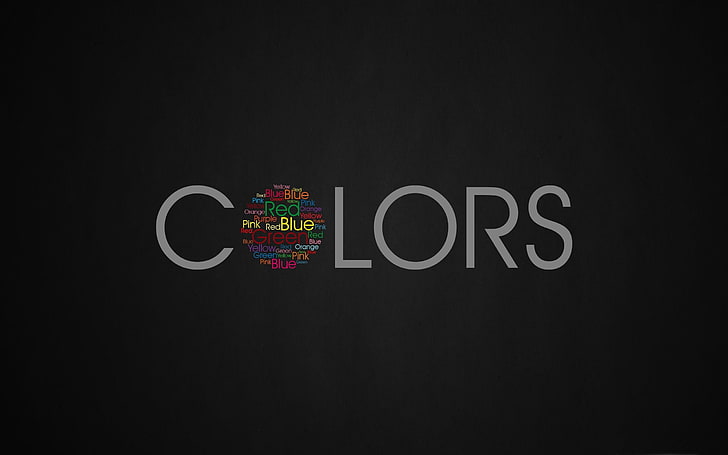 gray background with Colors text overlay, black background, minimalism, text, Hybrid, red, blue, green, pink, purple, orange, yellow, HD wallpaper