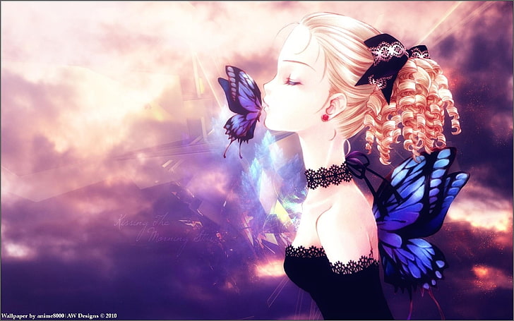 파란 나비 날개를 가진 노란 머리 여성 애니메이션 캐릭터 디지털 벽지, 애니메이션 소녀들, 애니메이션, 원작자, 닫힌 눈, 나비, 날개, 2010 (년), HD 배경 화면