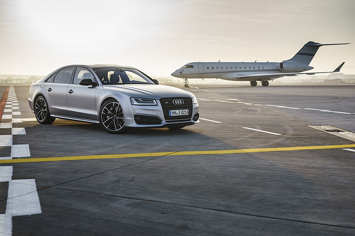 Audi, Audi S8, avion, avion, voiture, voiture d'argent, Fond d'écran HD