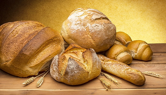пшеница, еда, колоски, картина, пирожные, булочки, вкуснота, золотисто-коричневый, хлеб-всем голова !, хлеб на столе, HD обои HD wallpaper
