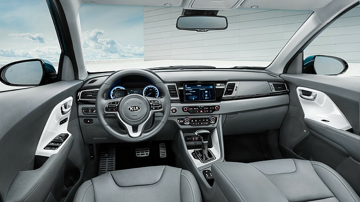 interior cinzento do veículo Kia, Kia Niro Worldwide, Geneva Auto Show 2016, híbrido, carros elétricos, crossover, interior, HD papel de parede