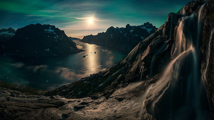 natureza, céu, Groenlândia, montanha, luar, paisagem, iluminado pela lua, Rocha, noite, Trevas, rio, penhasco, fiorde, Stordalens Havn, Fiorde de Torssukatak, Via fluvial, HD papel de parede