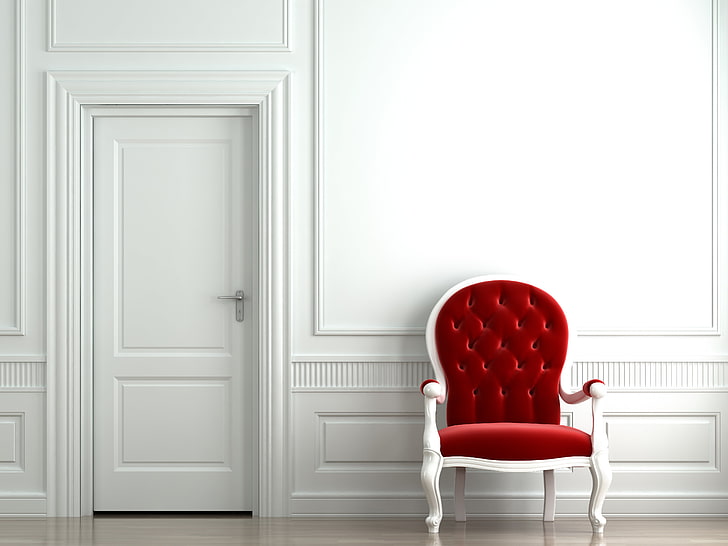 白い木製の房状の赤い革パッド入りアームチェア、スタイル、部屋、インテリア、ミニマリズム、椅子、ドア、 HDデスクトップの壁紙