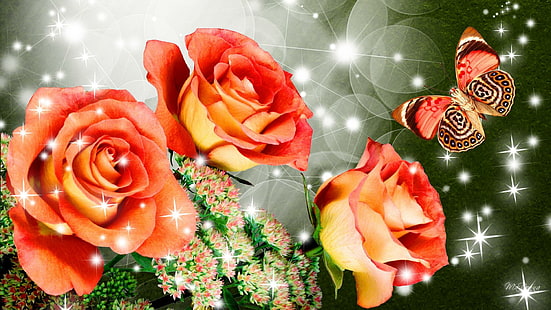 Fire Roses, blommor, glitter, glitter, orange, papillon, blommig, fjäril, fleurs, trädgård, vår, glans, ros, HD tapet HD wallpaper