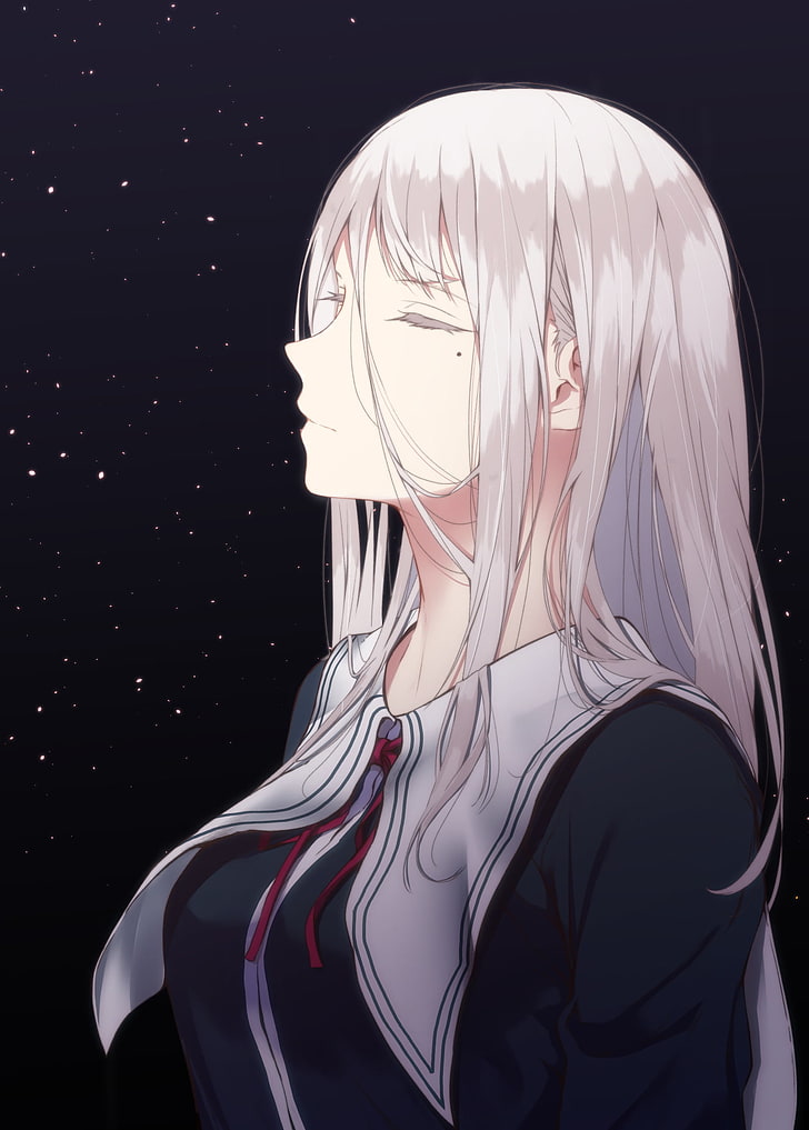 Anime, Anime Girls, weißes Haar, langes Haar, Schuluniform, HD-Hintergrundbild, Handy-Hintergrundbild