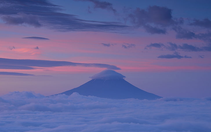 nubes blancas, naturaleza, paisaje, Japón, Asia, nubes, montañas, Monte Fuji, puesta de sol, Fondo de pantalla HD