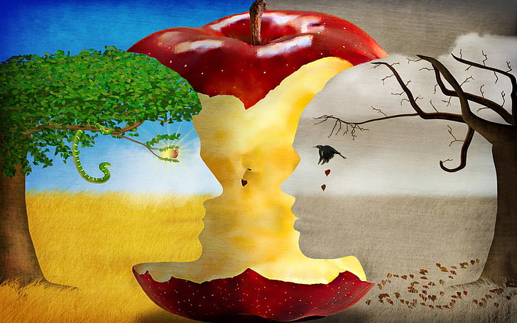 jabłko między drzewem życia i martwe drzewo grafika, ilustracja ludzka, sztuka cyfrowa, grafika, kobiety, drzewa, jabłka, liście, oczy, łzy, wąż, wrona, lato, jesień, pole, owoce, ptaki, złudzenie optyczne, wyobraźnia, mężczyźni , Słońce, twarz, kreatywność, profil, Eden, Tapety HD