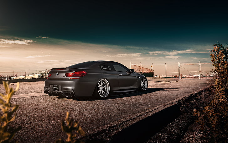 gray coupe, car, tuning, rims, wheels, Stanceworks, Stance, Hellaflush, sports car, BMW, landscape, road, bmw m, BMW M6, exhaust pipes, matte paint, Air ride, HD wallpaper