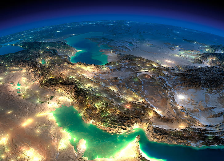 الأرض ، من الفضاء ، شبه الجزيرة العربية ، بحر قزوين ، القوقاز ، إيران ، العراق ، الجبل ، الخليج العربي، خلفية HD