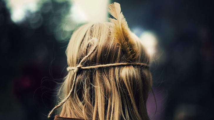 Peinado hippie, mujer de cabello castaño, fotografía, 1920x1080, pluma, retro, peinado, Fondo de pantalla HD