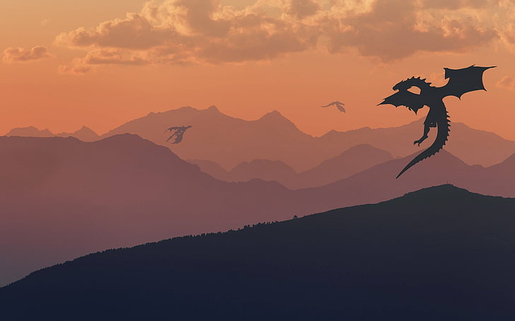 silhouette dragon illustration, dragon, fantasy art, landscape, mountains, clouds, silhouette, The Elder Scrolls, The Elder Scrolls V: Skyrim, HD wallpaper